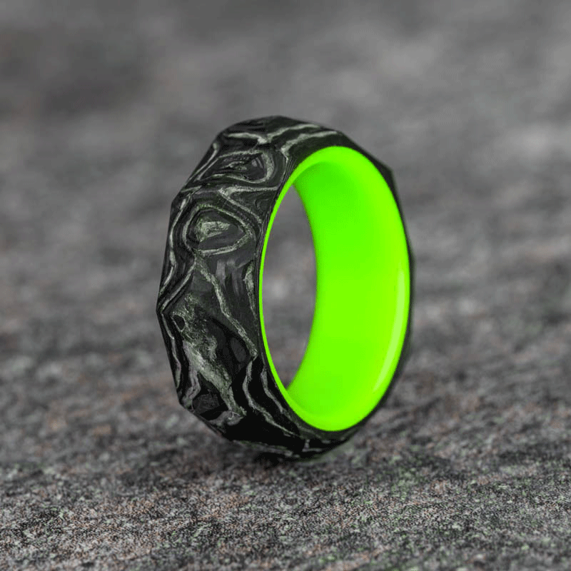 Rough Cut Carbon Fiber and Damascus Marble Ring with Glow Resin