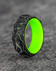 Rough Cut Carbon Fiber and Damascus Marble Ring with Glow Resin
