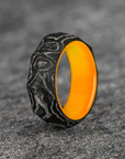 Rough Cut Carbon Fiber and Damascus Marble Ring with Glow Resin