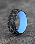 Rough Cut Carbon Fiber and Damascus Marble Ring with Glow Resin
