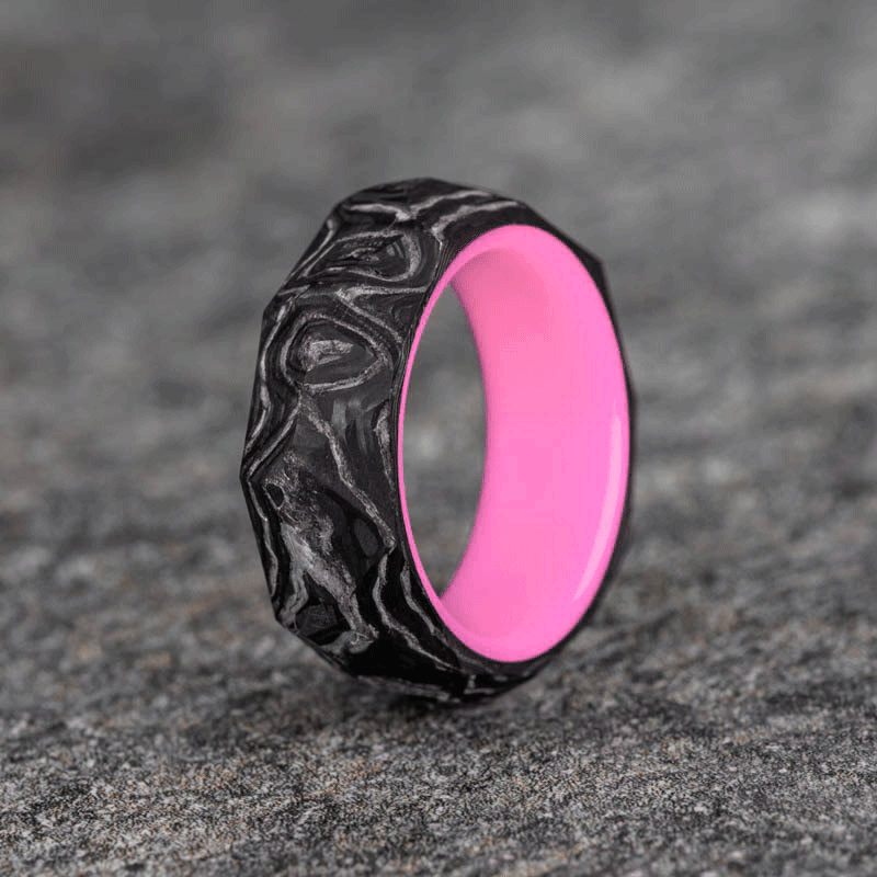 Rough Cut Carbon Fiber and Damascus Marble Ring with Glow Resin
