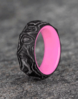 Rough Cut Carbon Fiber and Damascus Marble Ring with Glow Resin