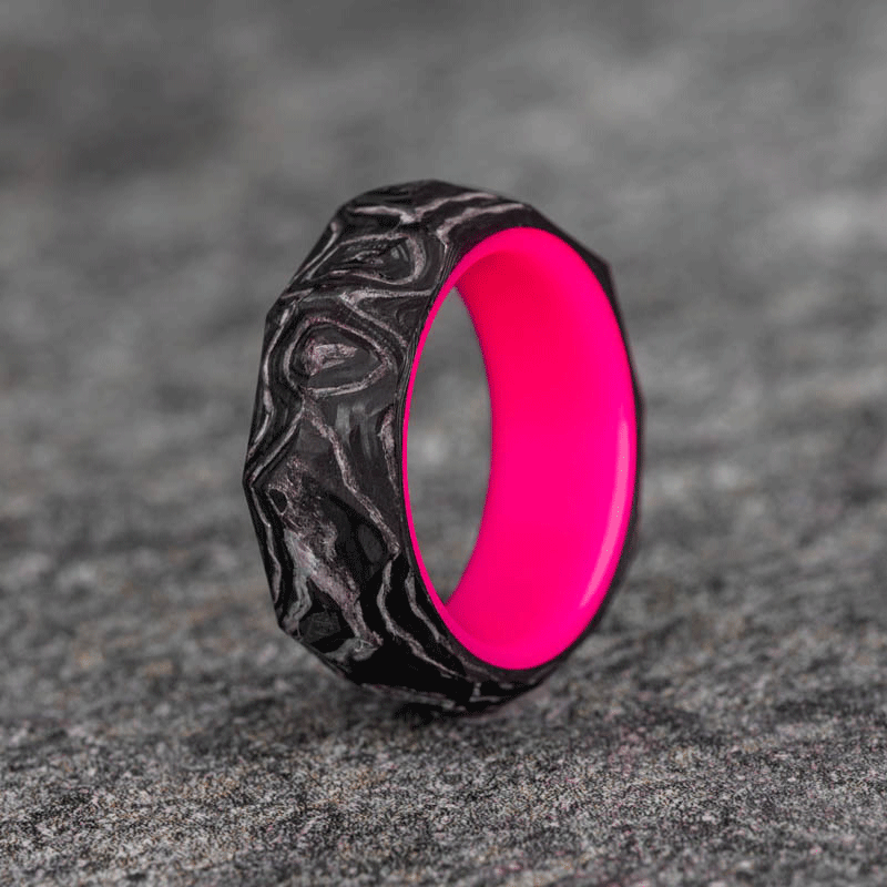 Rough Cut Carbon Fiber and Damascus Marble Ring with Glow Resin