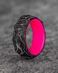 Rough Cut Carbon Fiber and Damascus Marble Ring with Glow Resin