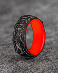 Rough Cut Carbon Fiber and Damascus Marble Ring with Glow Resin