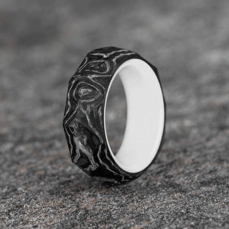 Rough Cut Carbon Fiber and Damascus Marble Ring with Glow Resin