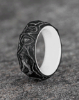 Rough Cut Carbon Fiber and Damascus Marble Ring with Glow Resin