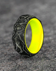 Rough Cut Carbon Fiber and Damascus Marble Ring with Glow Resin