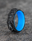 Rough Cut Carbon Fiber and Damascus Marble Ring with Glow Resin