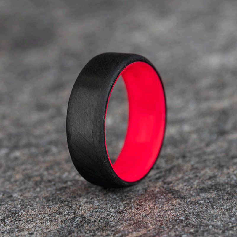 Matte Carbon Fiber Round Top Ring with Red Glow Resin