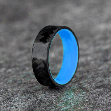 Polished Carbon Fiber Diagonal Pattern Ring with Blue Glow Resin