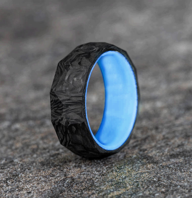 Rough Cut Carbon Fiber Ring with Blue Glow Resin