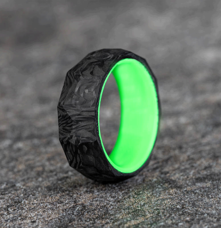 Rough Cut Carbon Fiber Ring with Green Glow Resin