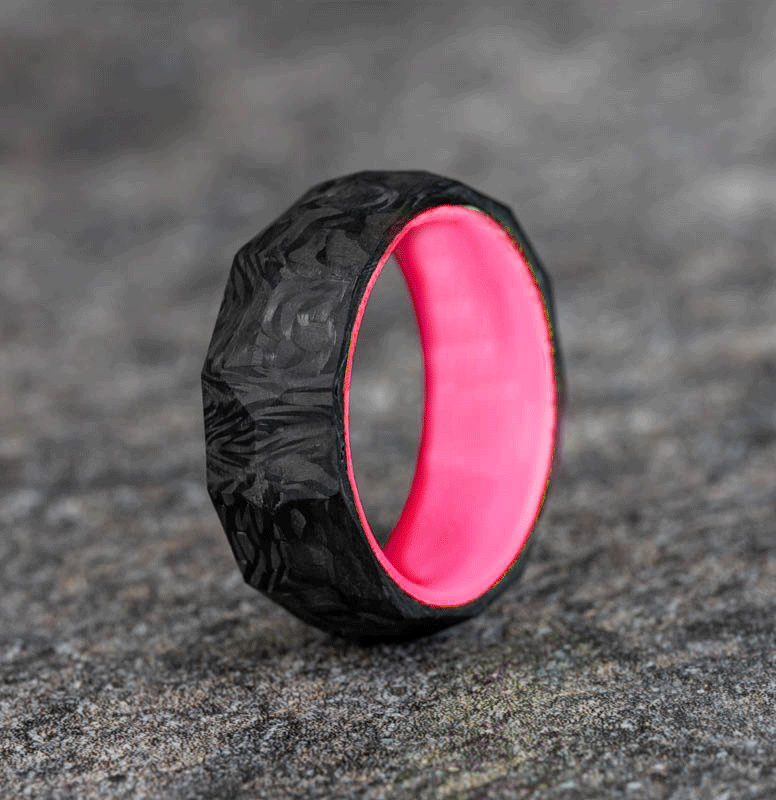 Rough Cut Carbon Fiber Ring with Hot Pink Glow Resin