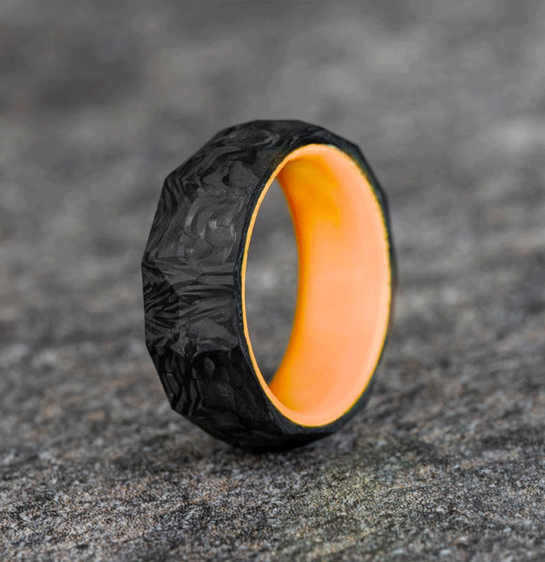 Rough Cut Carbon Fiber Ring with Orange Glow Resin