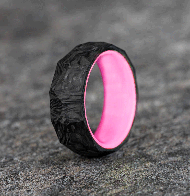 Rough Cut Carbon Fiber Ring with Pale Pink Glow Resin