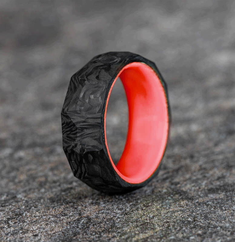 Rough Cut Carbon Fiber Ring with Red Glow Resin