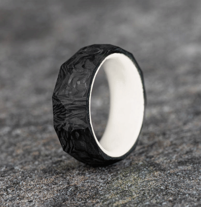 Rough Cut Carbon Fiber Ring with White Glow Resin