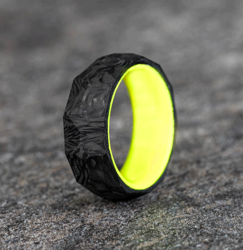 Rough Cut Carbon Fiber Ring with Yellow Glow Resin