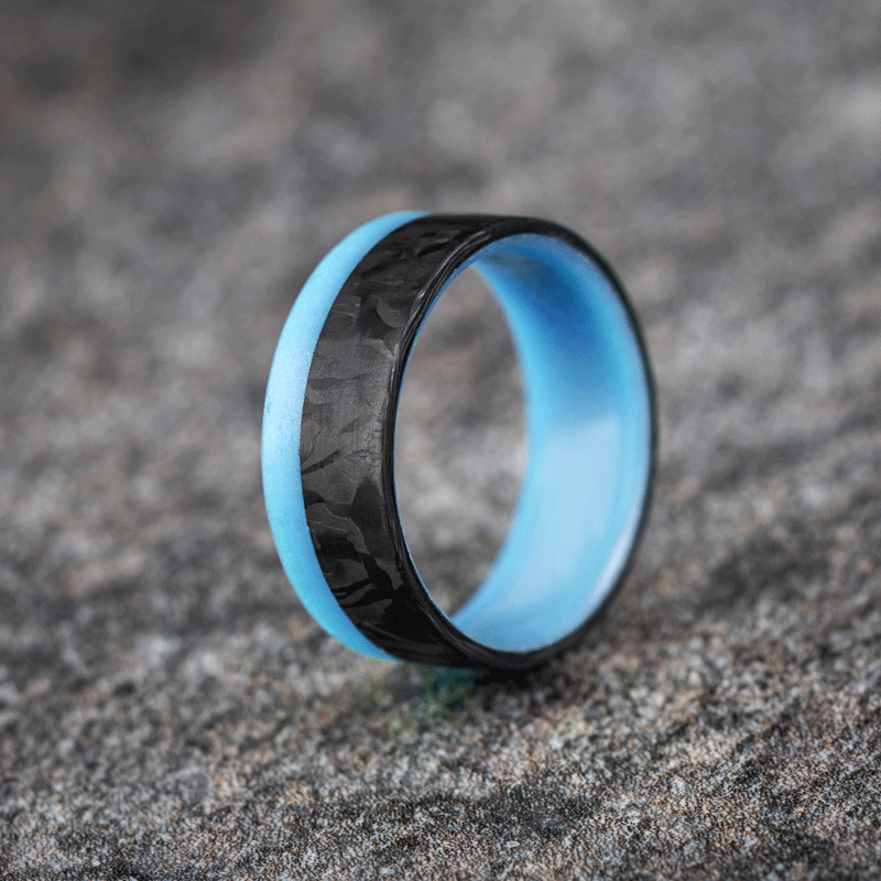 Polished 2/3 Carbon Fiber Marbled Ring with Pale Blue Glow Resin
