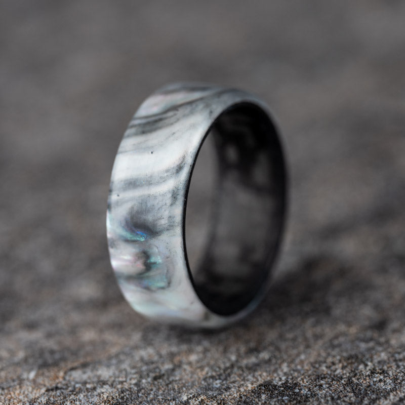Polished Synthetic Pearl Ring with Black Shimmer and Carbon Fiber Core