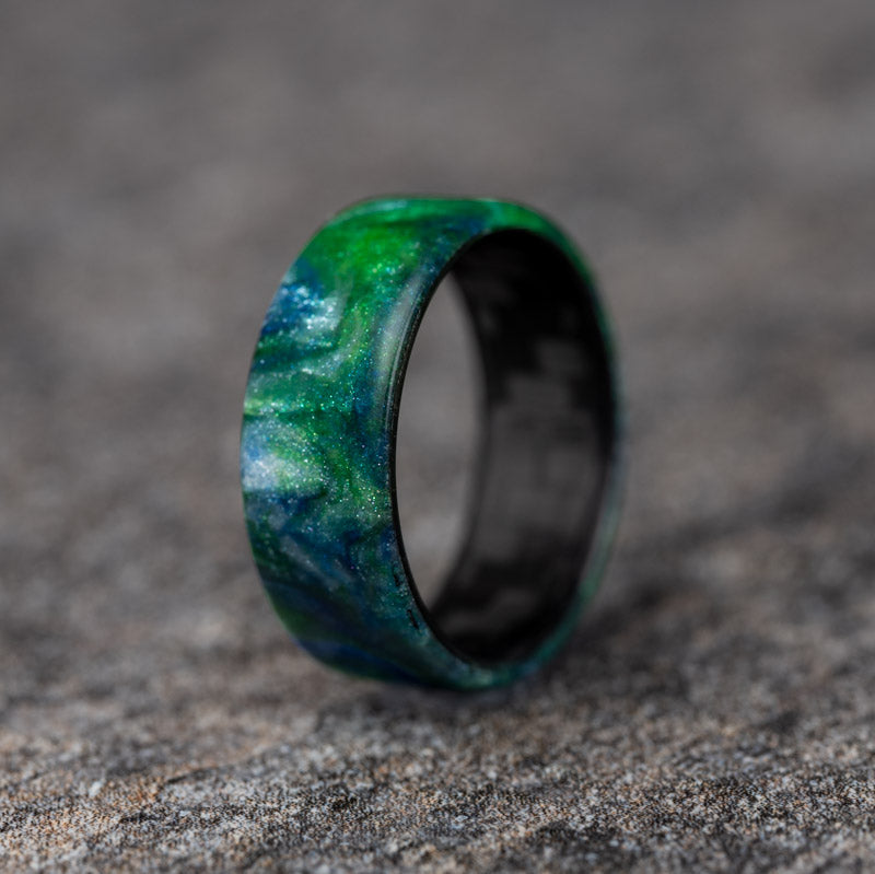 Polished Blue and Green Shimmer Resin Ring with Carbon Fiber Core