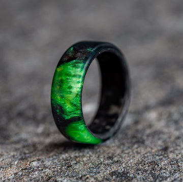 Radioactive - Polished Black and Green Shimmer Resin Ring with Carbon Fiber Core