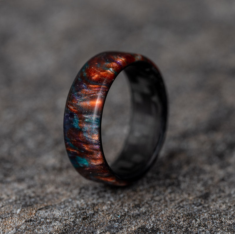 Nebula - Polished Multicolor Copper Galaxy Shimmer Resin Ring with Carbon Fiber Core