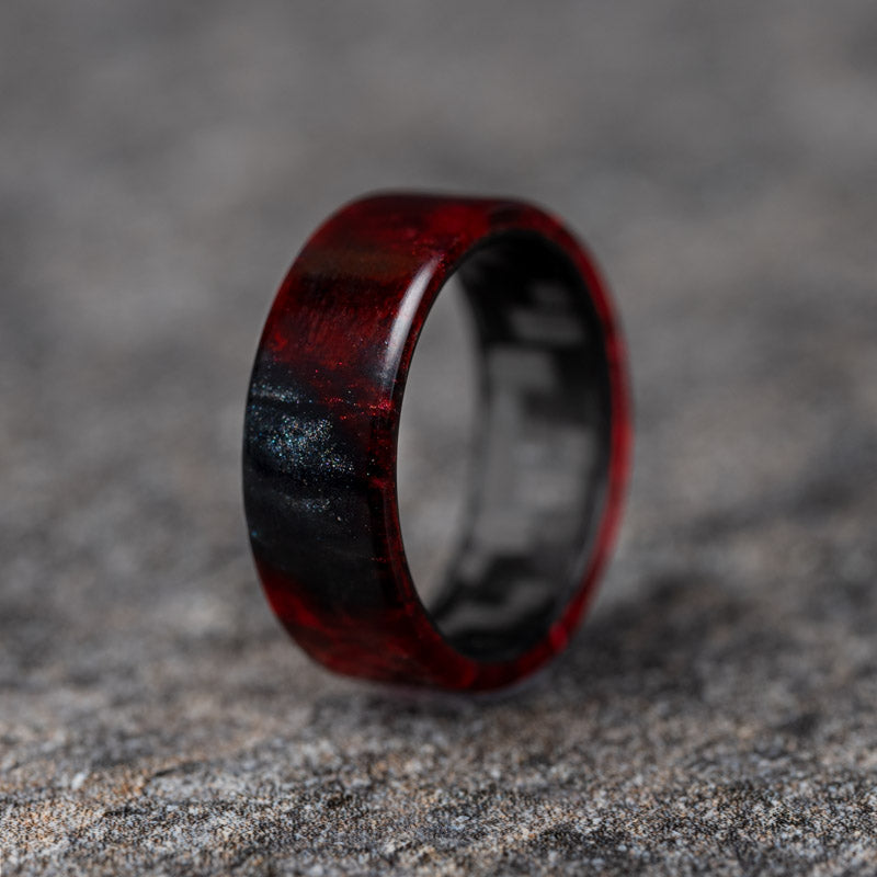 Midnight - Polished Red and Black Shimmer Resin Ring with Carbon Fiber Core