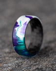 Polished White with Turquoise and Purple Shimmer Resin Ring with Carbon Fiber Core