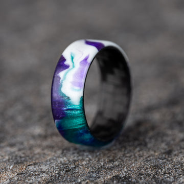 Polished White with Turquoise and Purple Shimmer Resin Ring with Carbon Fiber Core