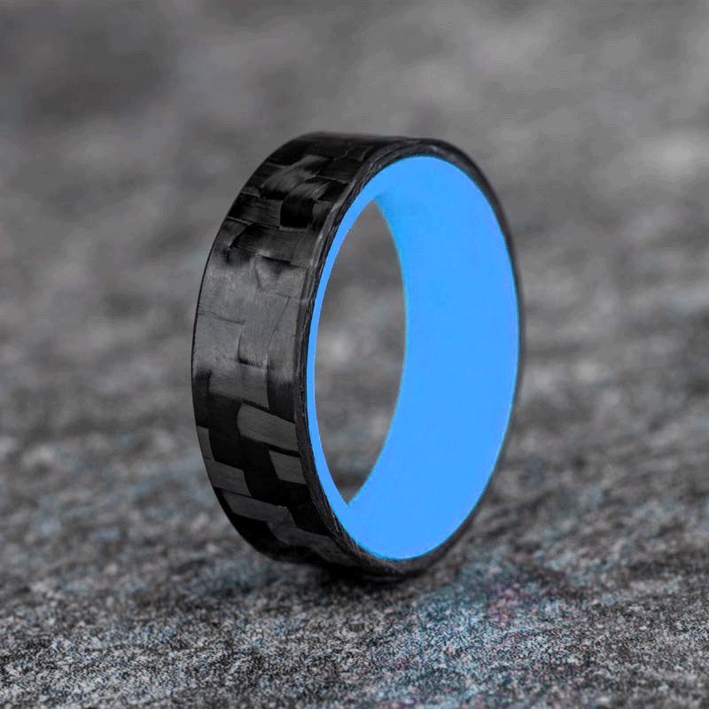 Matte Carbon Fiber Horizontal Pattern Ring with Blue Glow Resin
