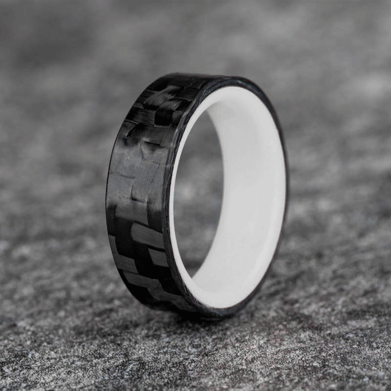 Matte Carbon Fiber Horizontal Pattern Ring with White Glow Resin