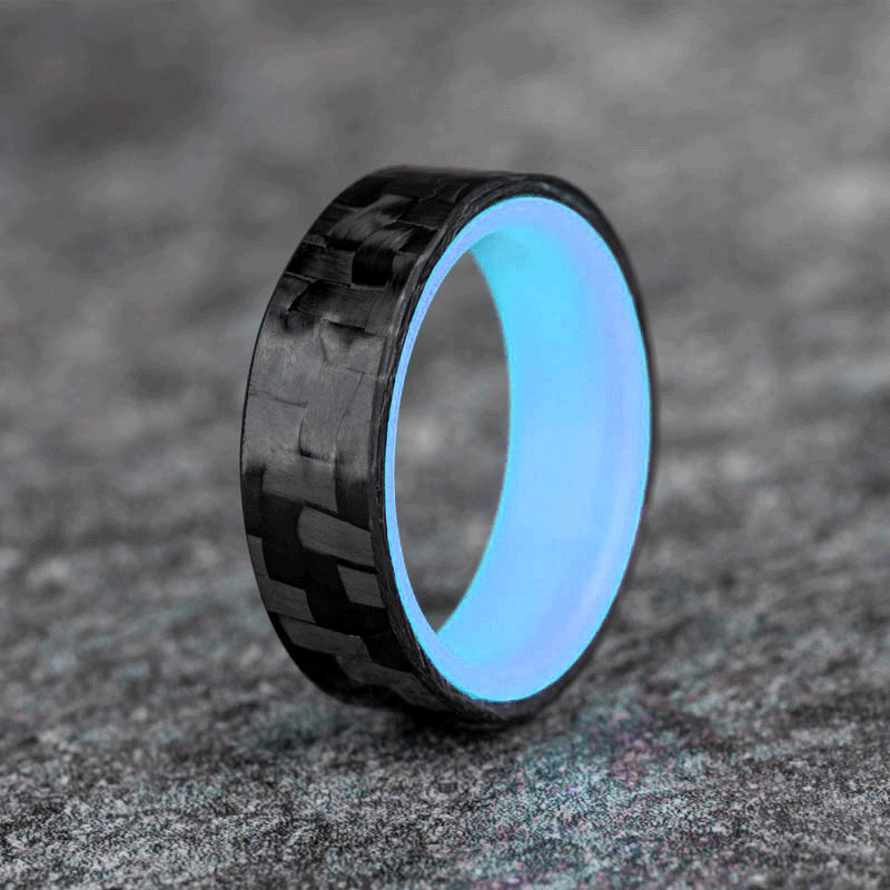 Matte Carbon Fiber Horizontal Pattern Ring with Pale Blue Glow Resin