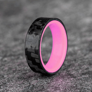 Matte Carbon Fiber Horizontal Pattern Ring with Pale Pink Glow Resin