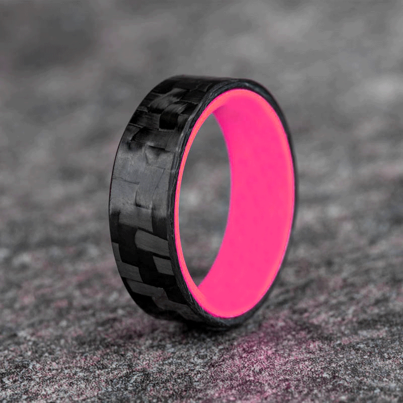 Matte Carbon Fiber Horizontal Pattern Ring with Hot Pink Glow Resin
