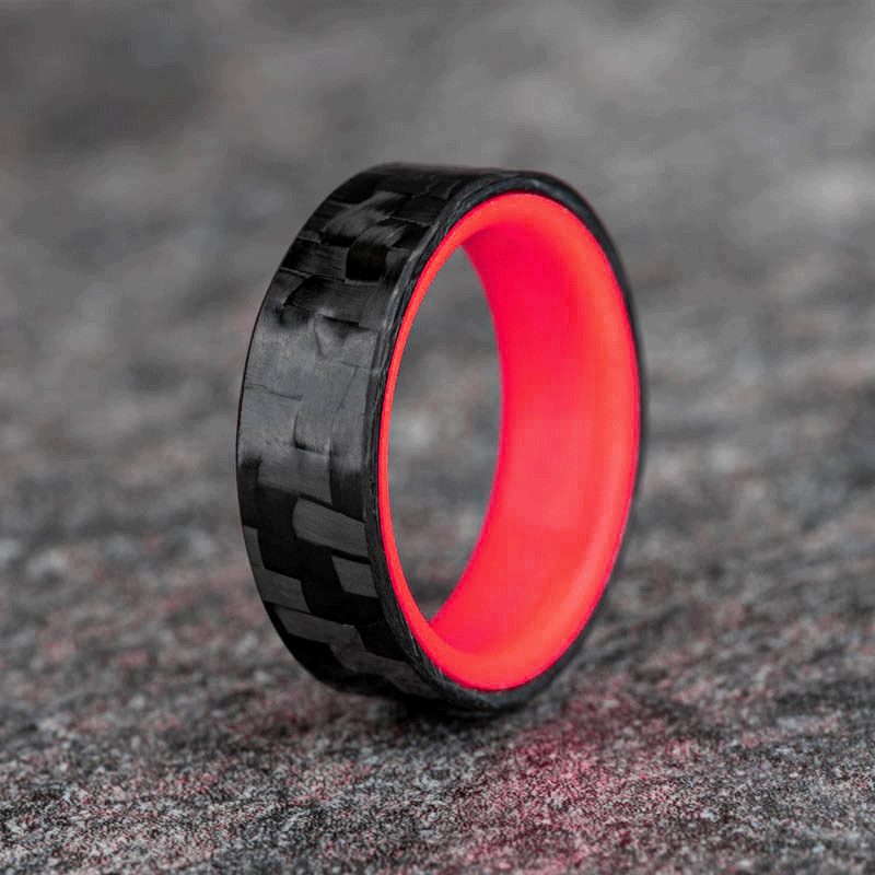 Matte Carbon Fiber Horizontal Pattern Ring with Red Glow Resin