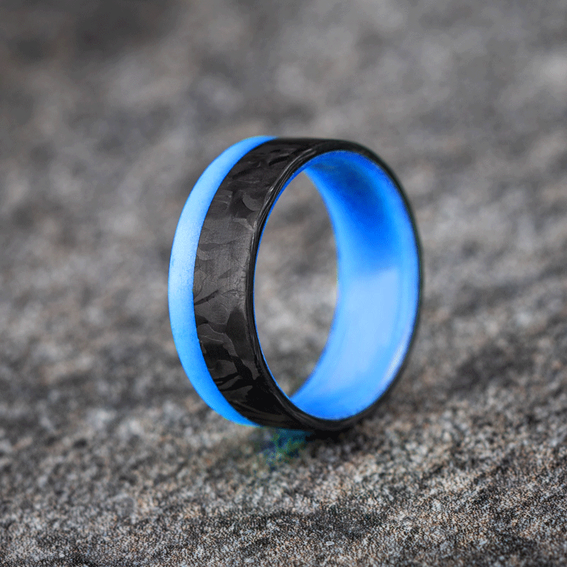 Polished 2/3 Carbon Fiber Marbled Ring with Blue Glow Resin