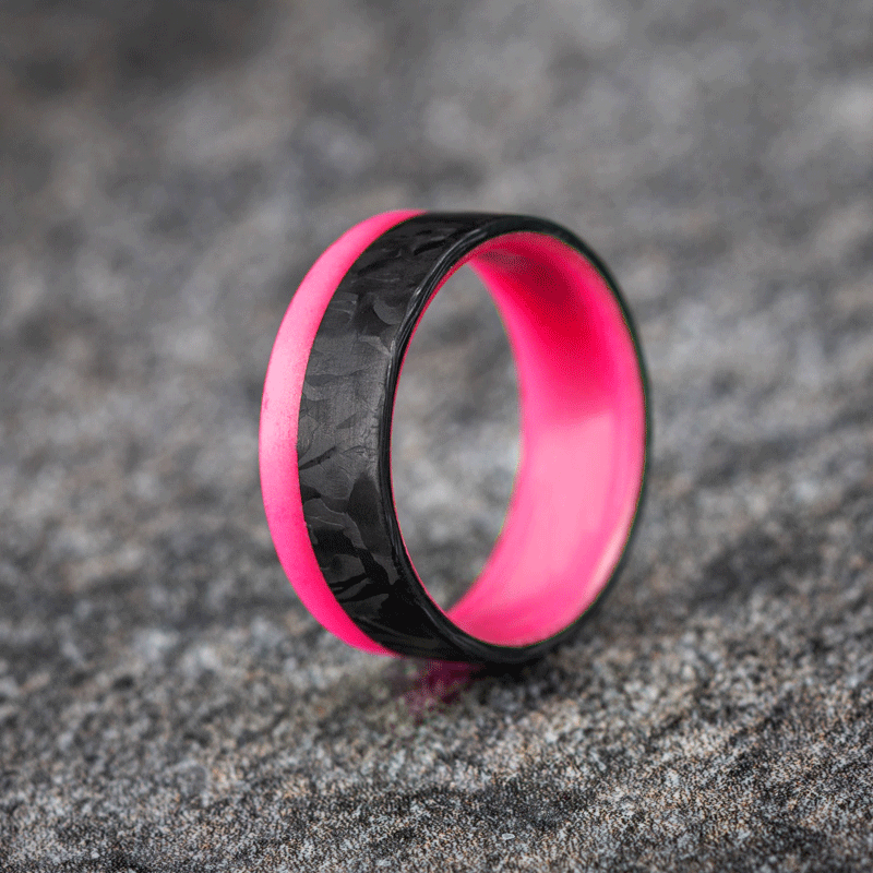 Polished 2/3 Carbon Fiber Marbled Ring with Hot Pink Glow Resin