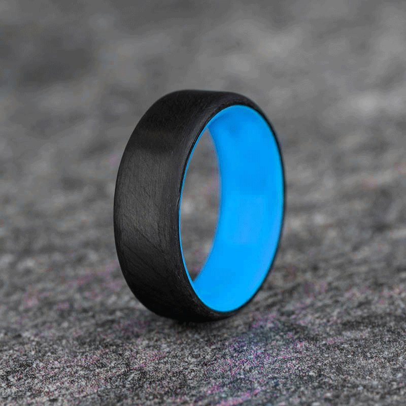 Matte Carbon Fiber Round Top Ring with Blue Glow Resin
