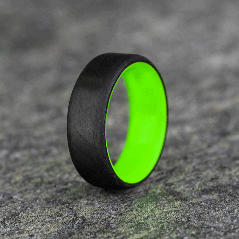 Matte Carbon Fiber Round Top Ring with Green Glow Resin
