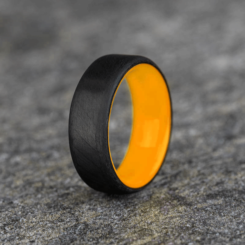 Matte Carbon Fiber Round Top Ring with Orange Glow Resin