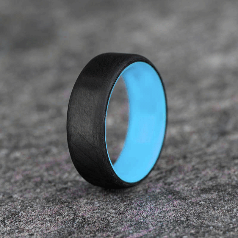 Matte Carbon Fiber Round Top Ring with Pale Blue Glow Resin