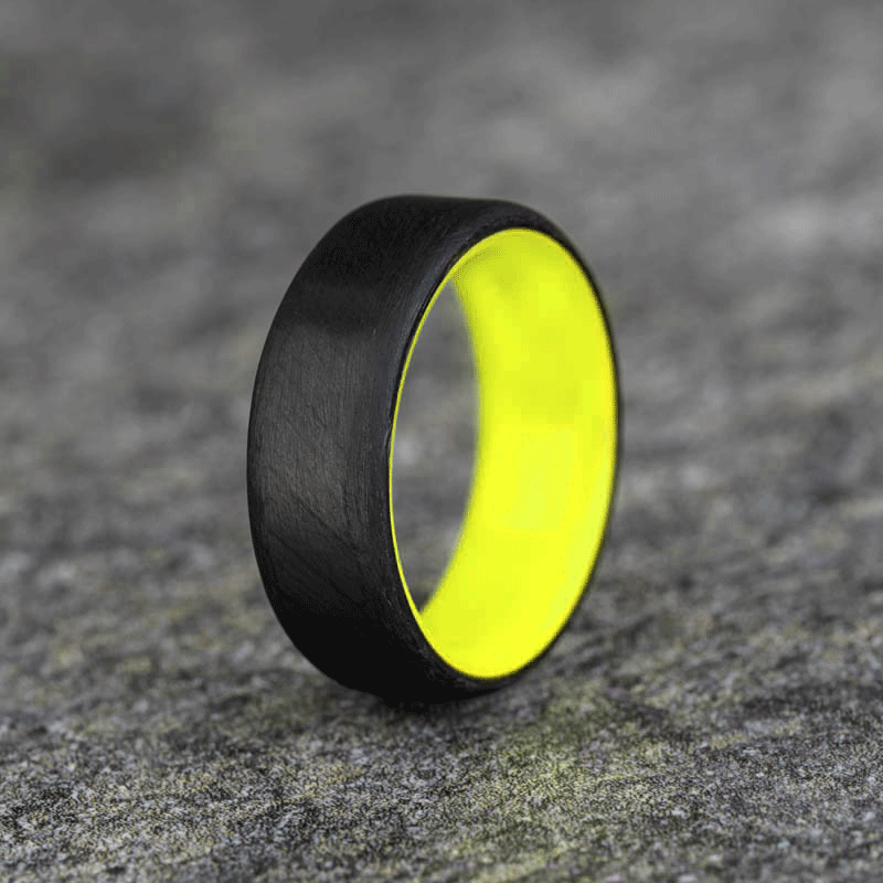 Matte Carbon Fiber Round Top Ring with Yellow Glow Resin