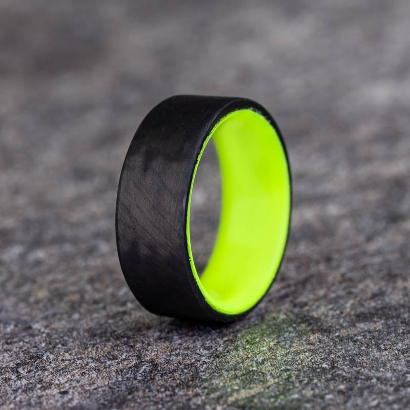 Matte Carbon Fiber Unidirectional Ring with Yellow Glow Resin