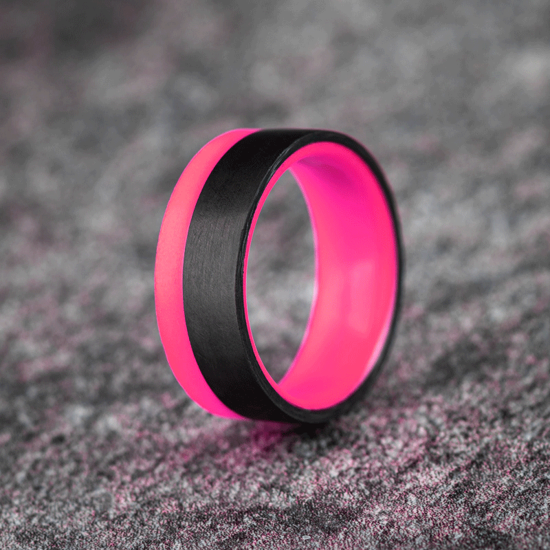 Polished 2/3 Carbon Fiber Unidirectional Ring with Hot Pink Glow Resin