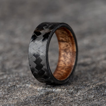 Polished Carbon Fiber Diagonal Pattern Ring with English Chestnut Core