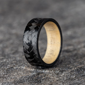 Polished Carbon Fiber Diagonal Pattern Ring with Natural Pine wood Core