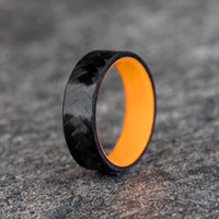 Polished Carbon Fiber Diagonal Pattern Ring with Orange Glow Resin