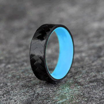 Polished Carbon Fiber Diagonal Pattern Ring with Pale Blue Glow Resin